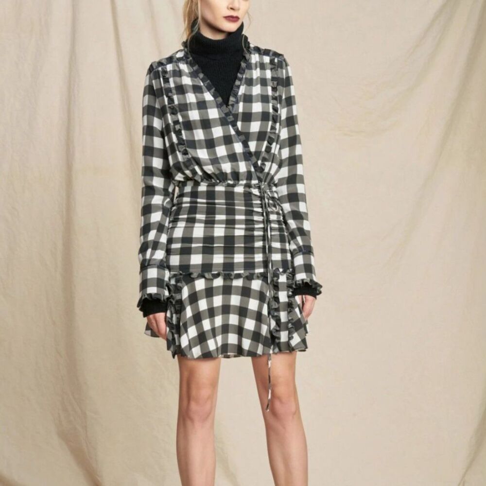 Marissa Webb Plaid V-Neck Faux Wrap Mini Dress Brown White Large
